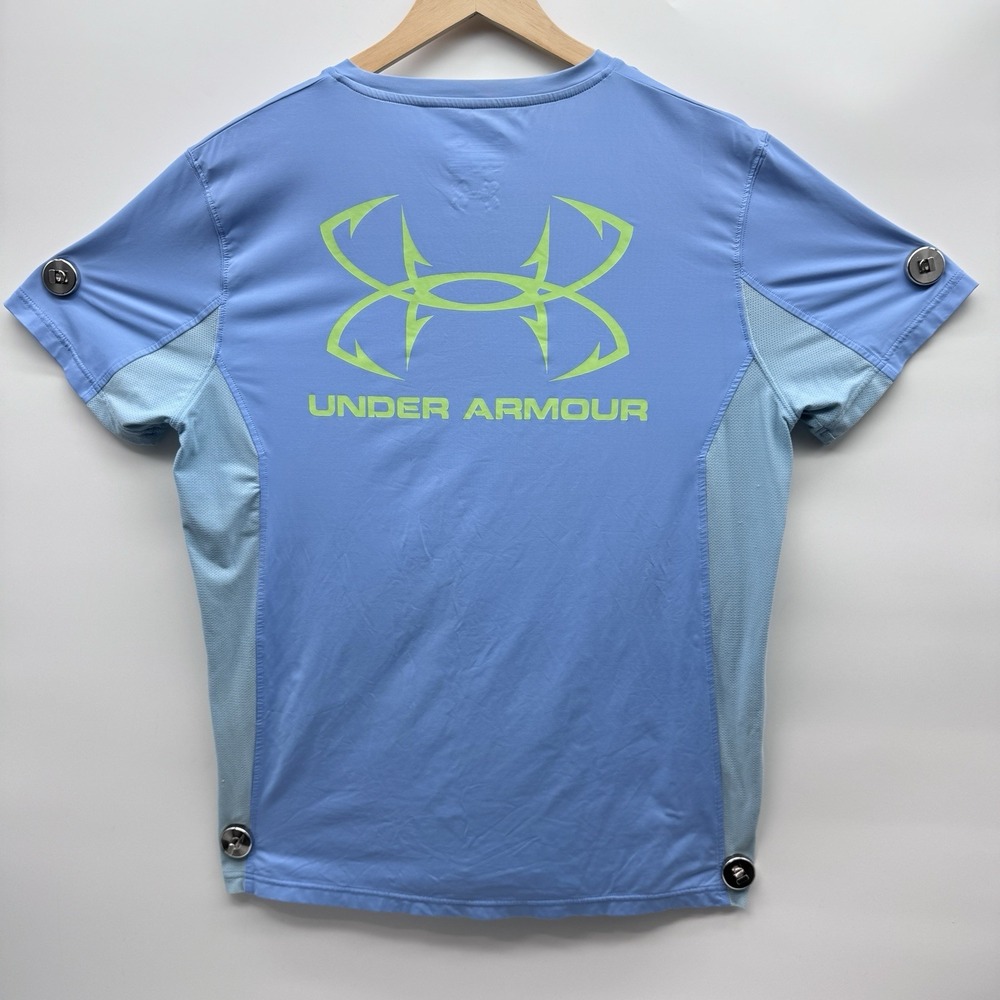 Under Armour HeatGear Mens Large Blue Loose Fit Short Sleeve Fishing Shirt Logo